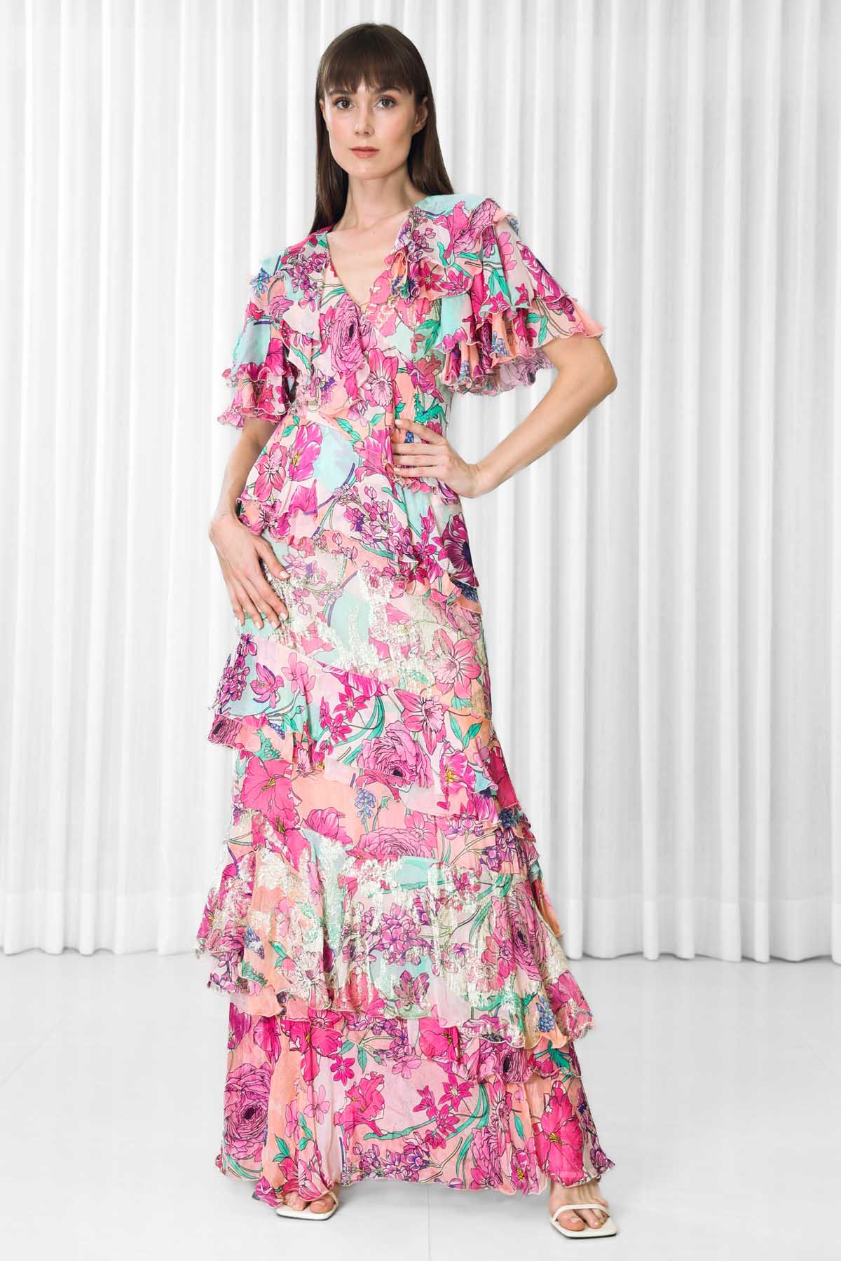 Buy Hisbiscus Printed Chiffon Dress by Mandira Wirk